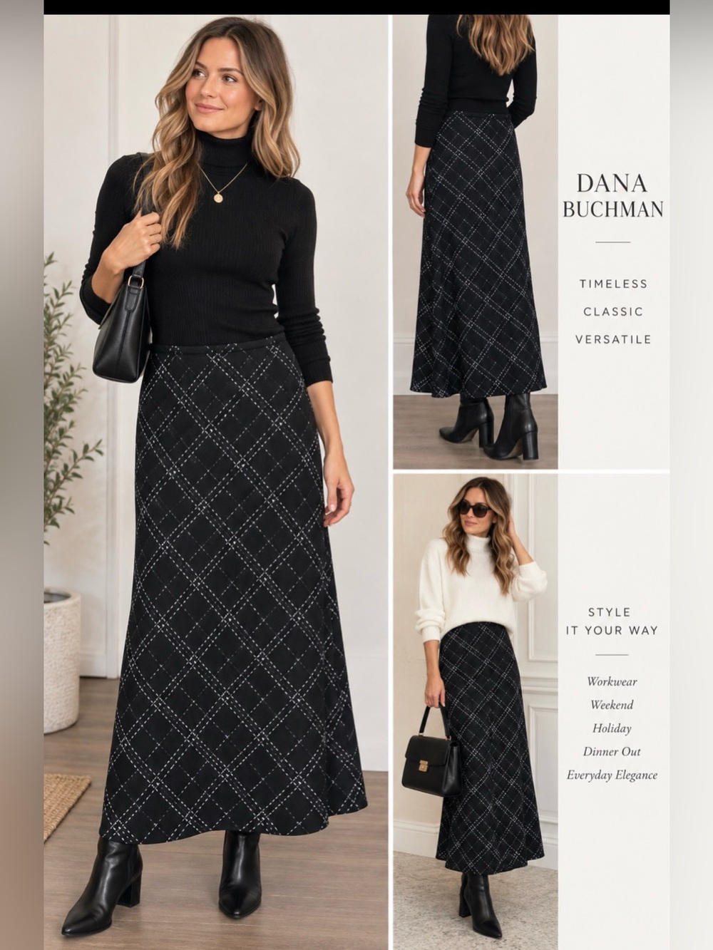 Dana Buchman Black White Plaid Midi Maxi Skirt Size 8 Vintage Career academia
